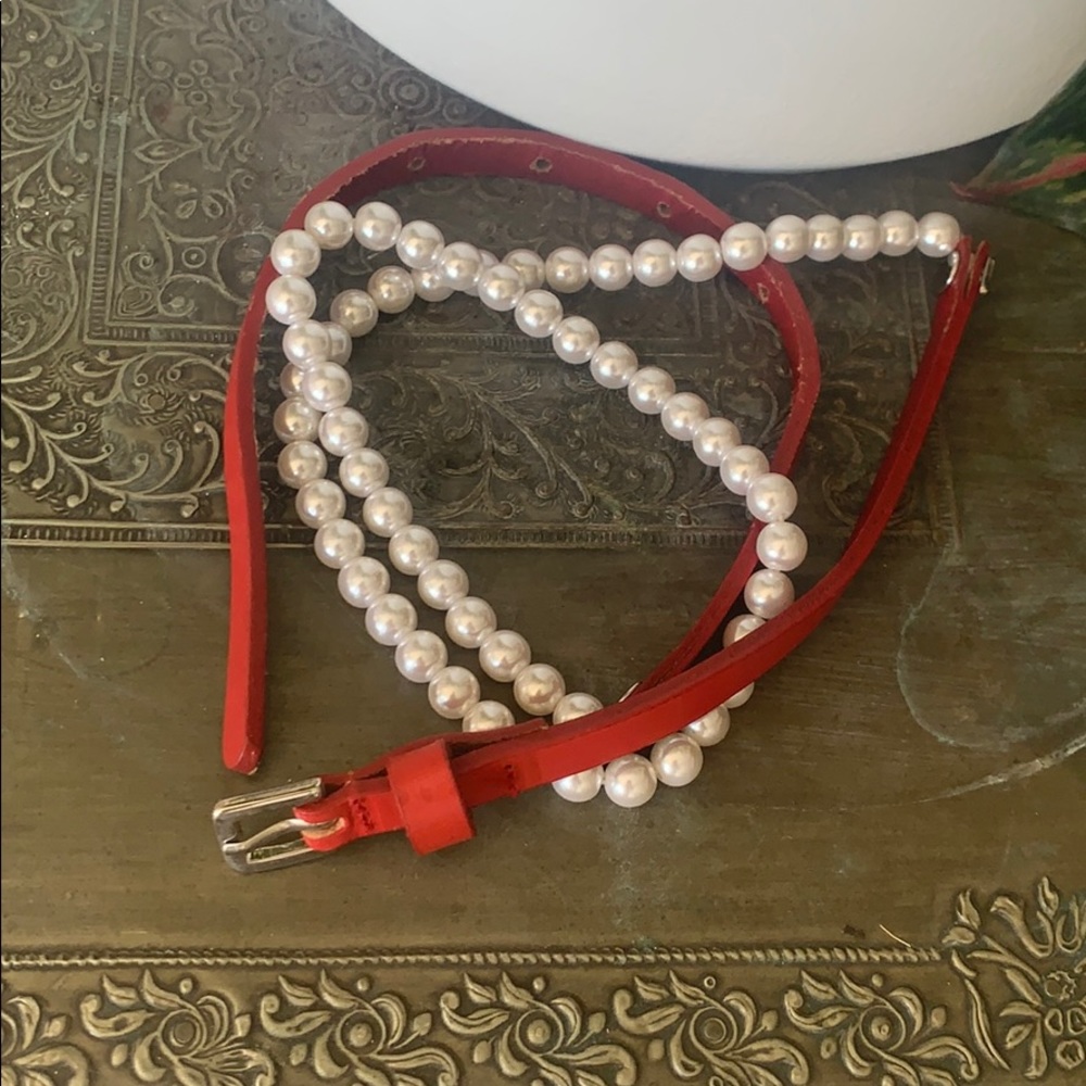 Slim red leather and pearl waist belt